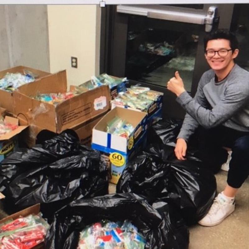 Student with donated goods