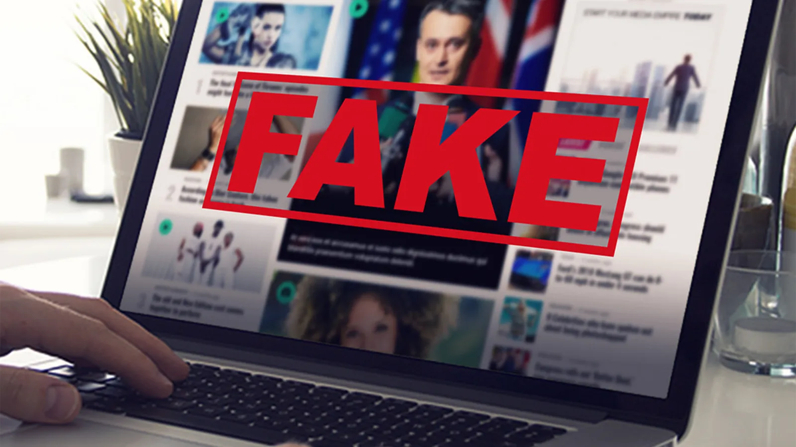 Computer screen with large fake news words