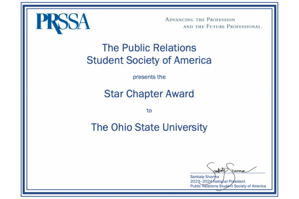 PRSSA 2023 Star Chapter Award certificate