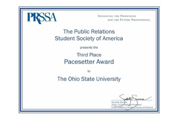 PRSSA Pacesetter Award Certificate