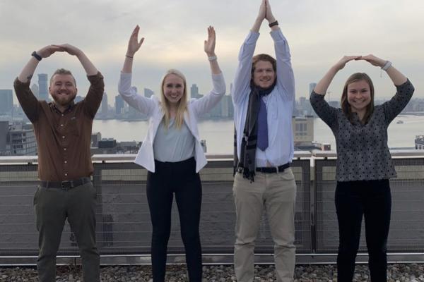 Students spell out OHIO on the rooftop of Edelman in NYC O-H-I-O